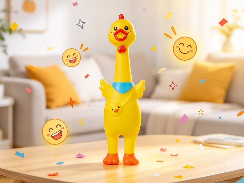 Yellow screaming chicken squeaky stress toy with red comb blue bib and chick pattern displayed on bright home table with soft living room background.