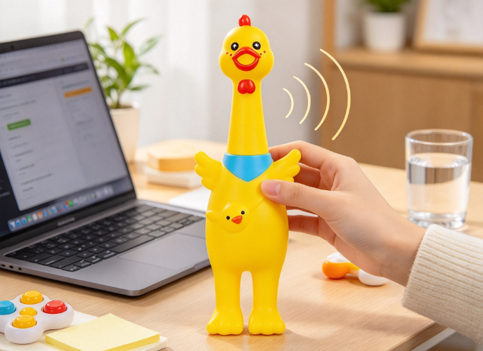 Screaming plastic chicken on home office desk with laptop notepad stress toy water cup and hand squeezing it for funny sound.